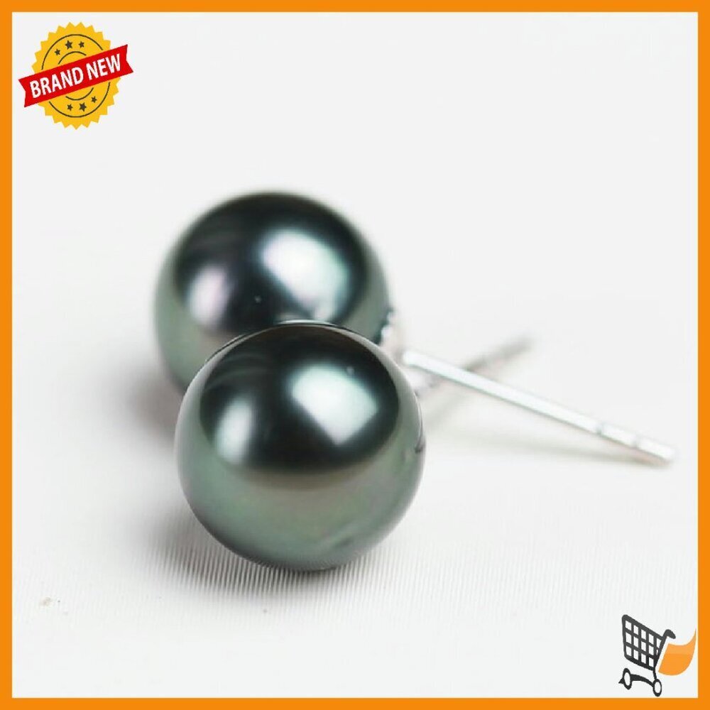 18K Gold Tahitian Black Pearl Stud Earrings 8-11MM AAA Quality - Picture 3 of 7